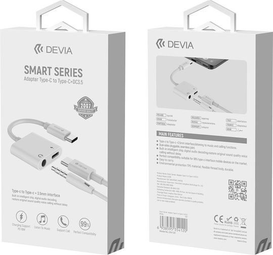 Devia Μετατροπέας USB-C male σε USB-C / 3.5mm female Λευκό 1τμχ 354120