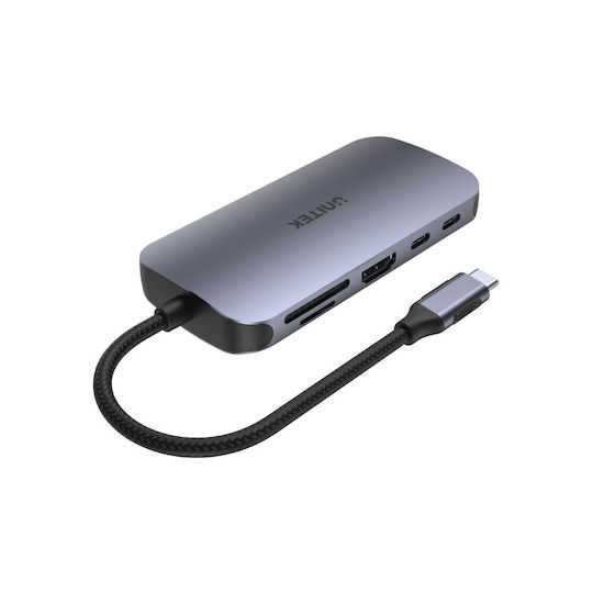 Unitek N9+ USB-C Stație de andocare cu HDMI 4K PD Ethernet și conexiune 2 monitoare Argintiu