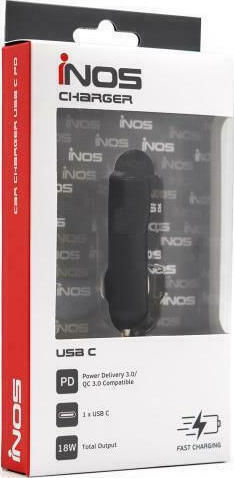 iNOS iNOS Auto-Ladegerät 18W 3A Schnellladen mit einer Buchse 1xType-C Schwarze Farbe