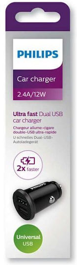 Philips Car Charger 2.4A with Ports: 2xUSB Black Color