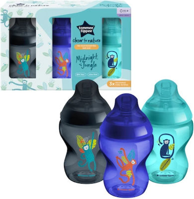 Tommee Tippee Set aus Plastikflaschen Jungle Gegen Koliken mit Silikonsauger für 0+, 0+ m, Monate Blue Dschungel 260ml 3Stück