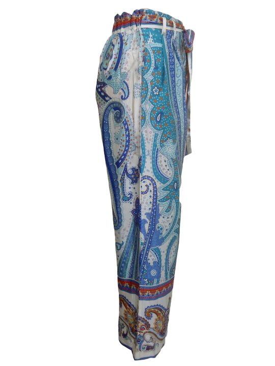 Women's Straight Satin Pants Straight Satin with Elastic Regular Light Blue Ruffles Floral All Day MILLENIUM / Multicolor