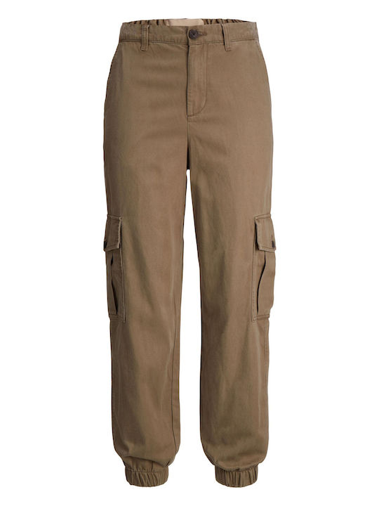 Women's High-waisted Fabric Cargo Trousers Relaxed Fit Khaki