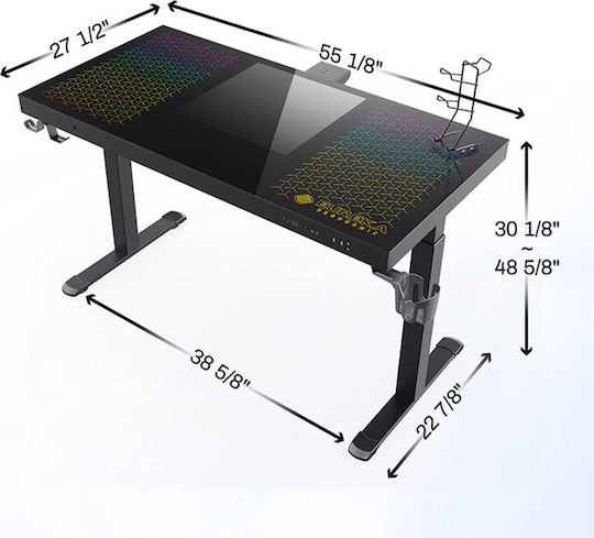 Gaming Office ERK-GD-I55-B Glass Black with Metal Legs, Adjustable Height & LED 140x70x73cm