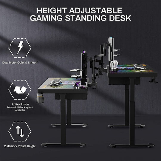 Gaming Office ERK-GD-I55-B Glass Black with Metal Legs, Adjustable Height & LED 140x70x73cm