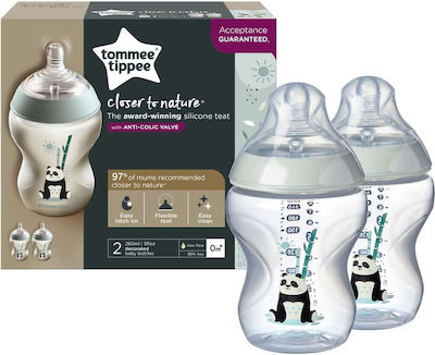 Tommee Tippee Plastic Bottle Set Closer To Nature Anti-Colic with Silicone Nipple for 0+, 0+ m, months Pip the Panda 260ml 2pcs