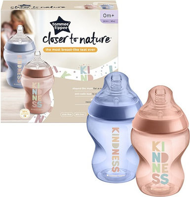 Tommee Tippee Plastic Bottle Set Closer To Nature Anti-Colic with Silicone Nipple for 0+, 0+ m, months Pink / Purple Be Kind 260ml 2pcs