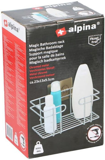 Alpina Appliances Επιτοίχια Ραφιέρα Μπάνιου Μεταλλική με 1 Ράφι και Βεντούζες 23x13x9.5cm Ασημί
