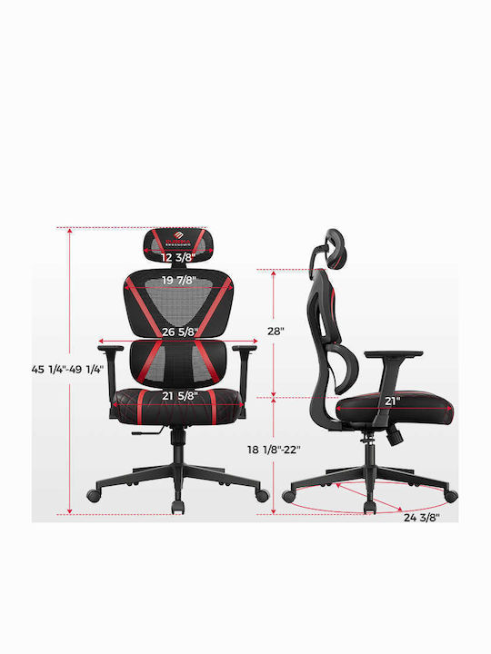 Eureka Ergonomic Norn Καρέκλα Gaming Δερματίνης με Ρυθμιζόμενα Μπράτσα Κόκκινη