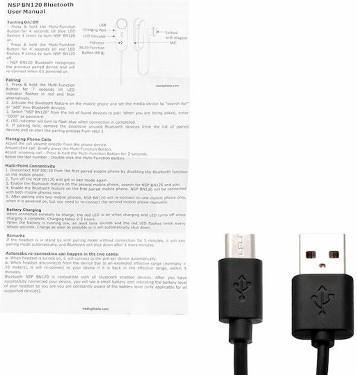NSP BN120 Earbud Bluetooth Handsfree Ακουστικό Πέτου Μαύρο