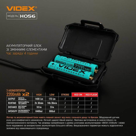 Videx Επαναφορτιζόμενος Φακός Κεφαλής LED IP68 με Μέγιστη Φωτεινότητα 1400lm Videx