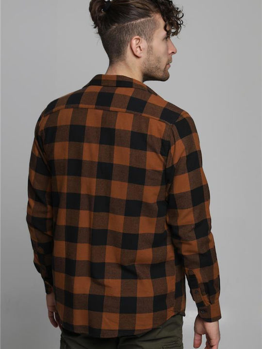 Double Men's Shirt Overshirt Long Sleeve Flannel Checked Brown