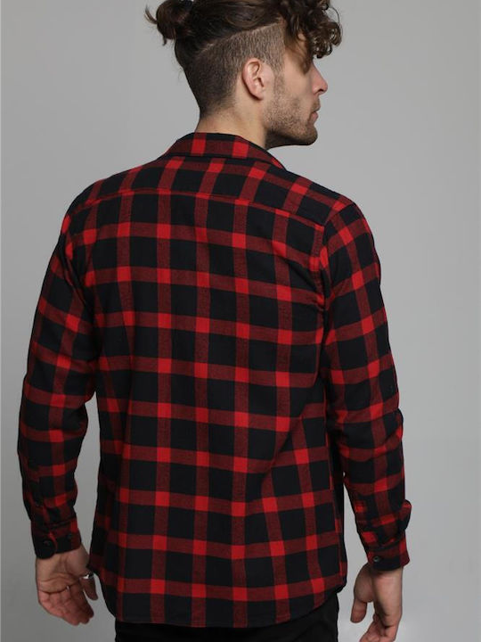 Double Men's Shirt Overshirt Long Sleeve Flannel Checked Red