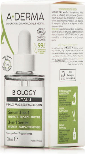 A-Derma Biology Hyalu Organic 3in1 Ενυδατικό Serum Προσώπου με Υαλουρονικό Οξύ για Αναζωογόνηση 30ml