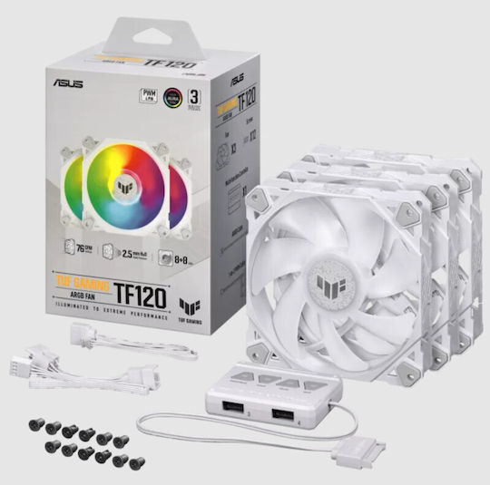 Asus TF120 Case Fan 1900rpm 76cfm with ARGB Lighting and 4-Pin PWM Connection 3pcs White