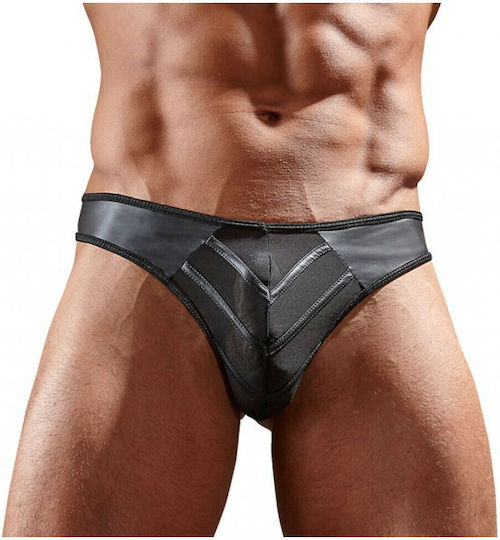 Svenjoyment Underwear Faux Leather G-String with Powernet Inserts Ανδρικό Sexy String Μαύρο