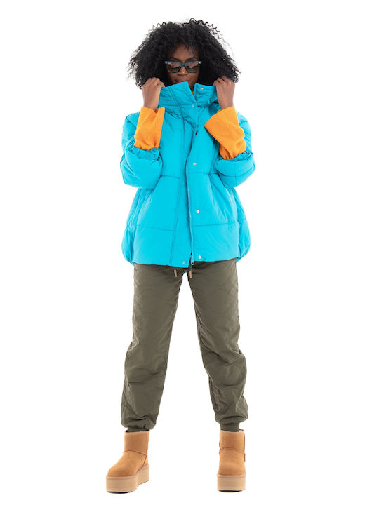 Vero Moda Women's Short Puffer Jacket for Winter with Hood Light Blue