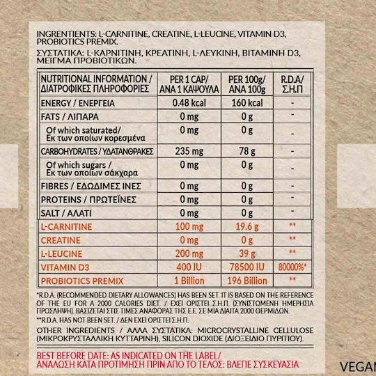 Bio Tonics Vitamin D3 + Leucine + Carnitine + Creatine 500mg Ειδικό Συμπλήρωμα Διατροφής 60 φυτικές κάψουλες