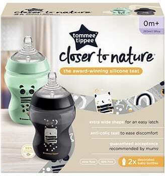 Tommee Tippee Σετ Πλαστικά Μπιμπερό Closer to Nature Κατά των Κολικών με Θηλή Σιλικόνης για 0+ μηνών Μαύρο Panda & Owl - Μαύρο - Πράσινο 260ml 2τμχ