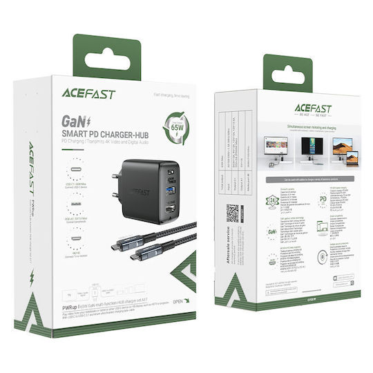 Acefast Φορτιστής GaN με Θύρα USB-A και Θύρα USB-C και Καλώδιο USB-C 65W Power Delivery / Quick Charge 3.0 Μαύρος (A17)