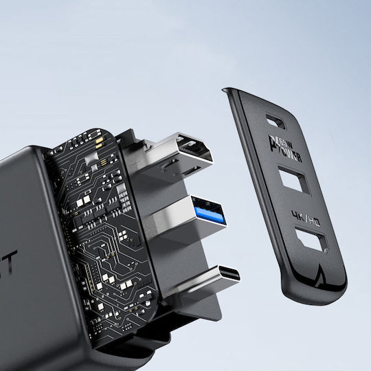 Acefast Φορτιστής GaN με Θύρα USB-A και Θύρα USB-C και Καλώδιο USB-C 65W Power Delivery / Quick Charge 3.0 Μαύρος (A17)