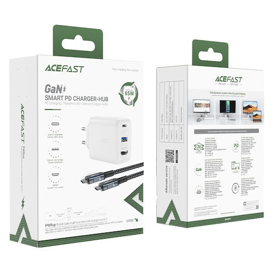 Acefast Φορτιστής GaN με Θύρα USB-A και Θύρα USB-C και Καλώδιο USB-C 100W Power Delivery / Quick Charge 3.0 Λευκός (A17)
