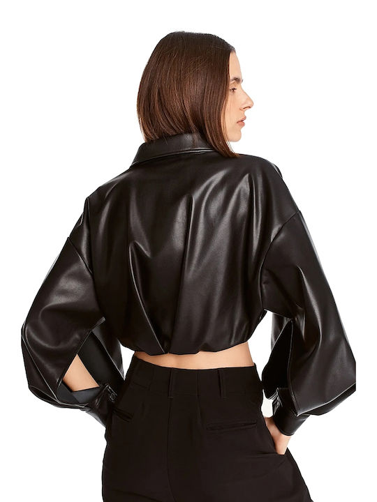 DKNY Langärmelig Damen Leder Hemd Schwarz