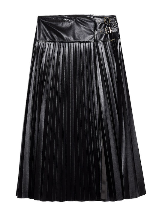 Pleated High-waisted Midi Skirt Black