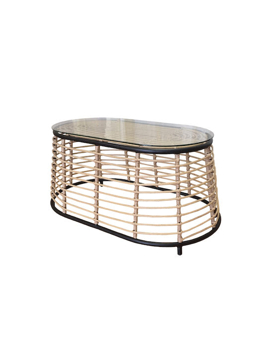 Loom Sitting Room Outdoor Free Standing Table with Glass Surface and Rattan Frame Natural 55x95x45cm