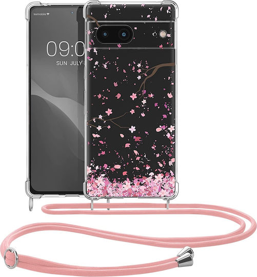 KWmobile Cherry Blossoms Pink Petals Back Cover Silicone with Strap Dark Brown / Transparent (Google Pixel 7)