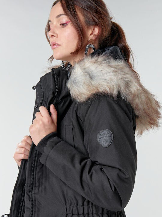 Women's Long Parka Jacket for Winter with Hood Black/beige