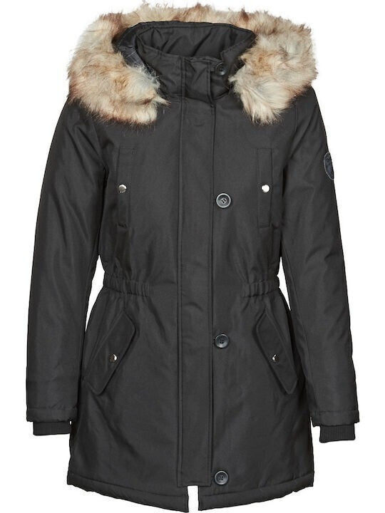 Women's Long Parka Jacket for Winter with Hood Black/beige