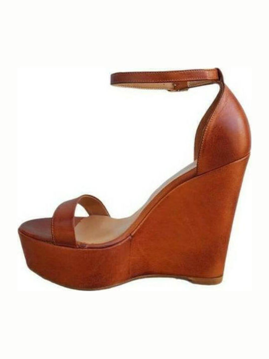 Women's Leather Ankle Strap Platforms Tabac Brown