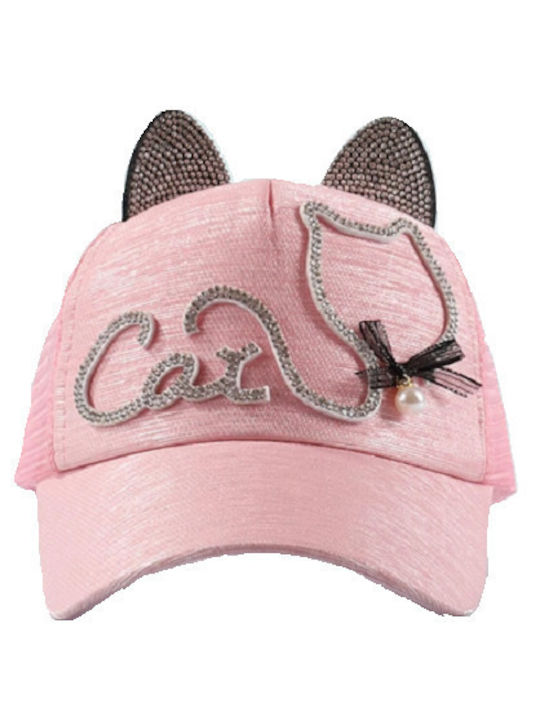 Pink jockey hat with cat ears with black rhinestones and embroidered cat with pearl 52cm 6-12 years old (size varies) tatu moyo