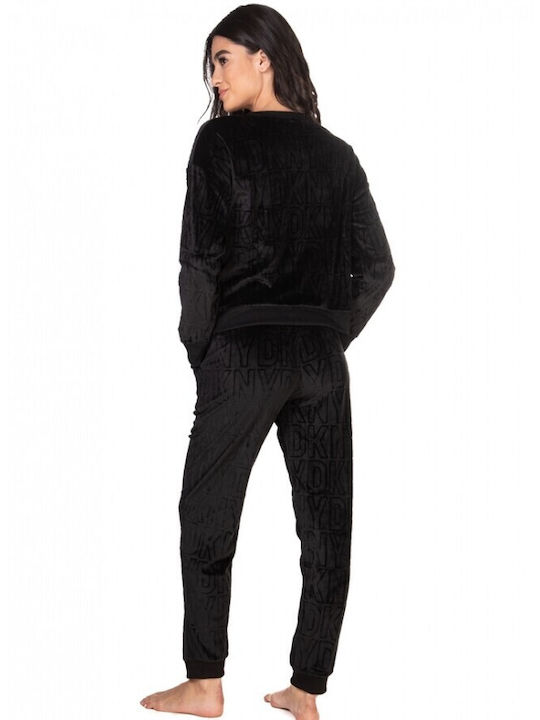 DKNY Χειμερινό Γυναικείο Σετ Πιτζάμας Βελουτέ Μαύρο