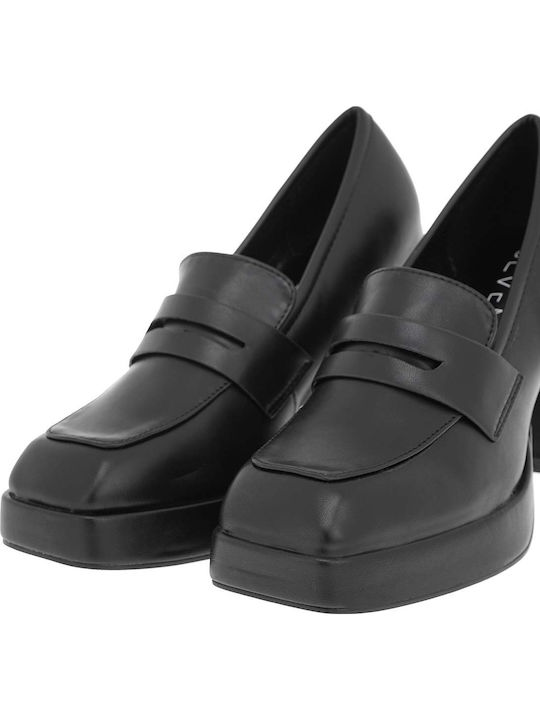Δερμάτινες Loafer Γόβες με Χοντρό Ψηλό Τακούνι Μαύρες