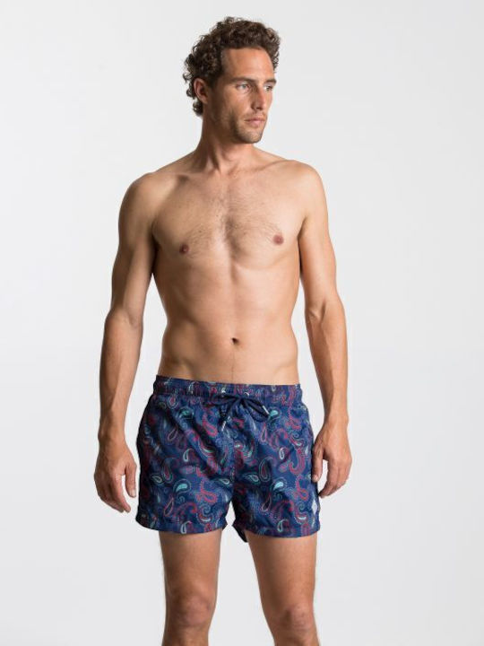 Short Cut Paisley Men's Swimwear Shorts Navy Blue with Patterns
