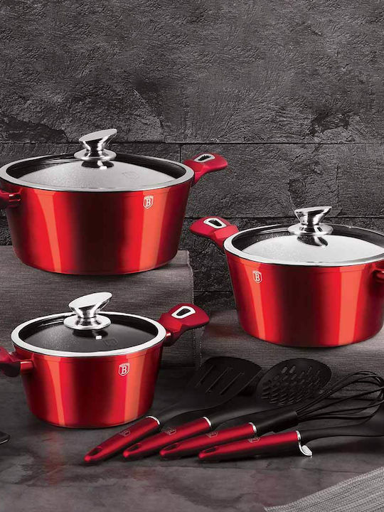 Berlinger Haus Metallic Line Pots Set from Aluminum Burgundy Collection with Stone Interior Coating 3 Pieces