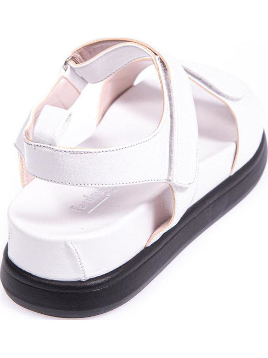 Leather Women's Flat Sandals with Strap Flatforms in White Color