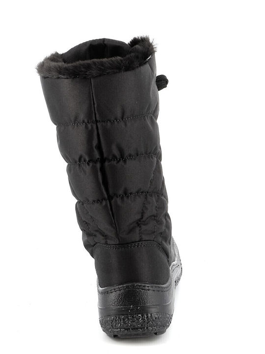 Synthetic Leather Medium Heel Snow Boots with Zipper / Laces & Fur Black