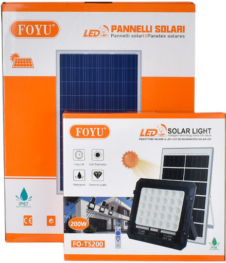 Foyu Αδιάβροχος Слънчев LED Προβολέας 200W Студено бяло 6500К με Τηλεχειριστήριο IP66