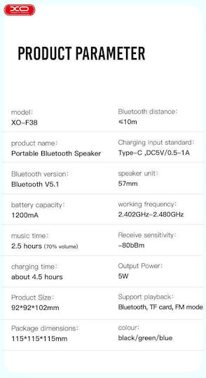 XO F38 Thor Ηχείο Bluetooth 5W με Ραδιόφωνο και Διάρκεια Μπαταρίας έως 2.5 ώρες Μαύρο