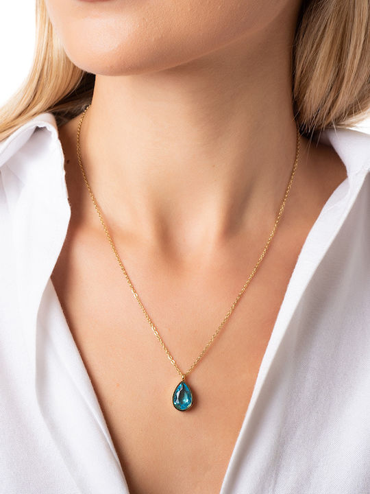 Oxzen Necklace With Tear Design Made Of Gold Plated Steel With Blue Zircon