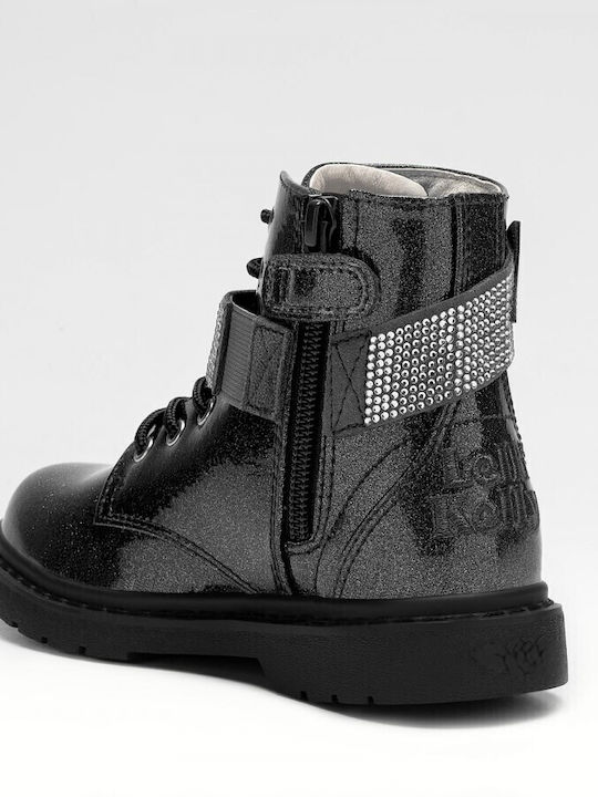 Lelli Kelly Stella Stellina Kids Patent Leather Military Boots with Zipper Black