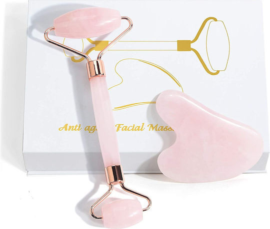 Jade Roller & Gua Sha Roller Προσώπου & Εργαλείο Gua Sha από Νεφρίτη Pink 2τμχ
