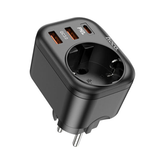 Hoco Charger Without Cable with 2 USB-A Ports and USB-C Port 20W Power Delivery / Quick Charge 3.0 Blacks (NS3)