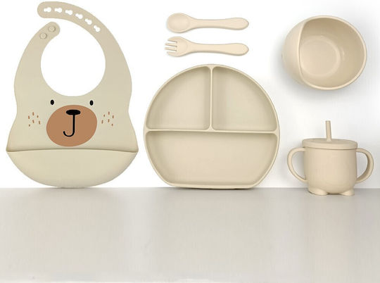 Baby Cloud Feeding Set Teddy bear made of Silicone with Non-Slip Base Beige 6pcs for 5+ months
