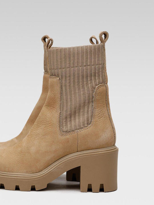 Leder Damen Chelsea-Stiefel mit Mittelhohem Absatz Beige