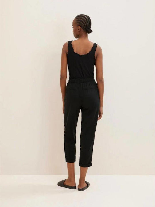 Tom Tailor Γυναικείο Ψηλόμεσο Υφασμάτινο Capri Παντελόνι με Λάστιχο Μαύρο