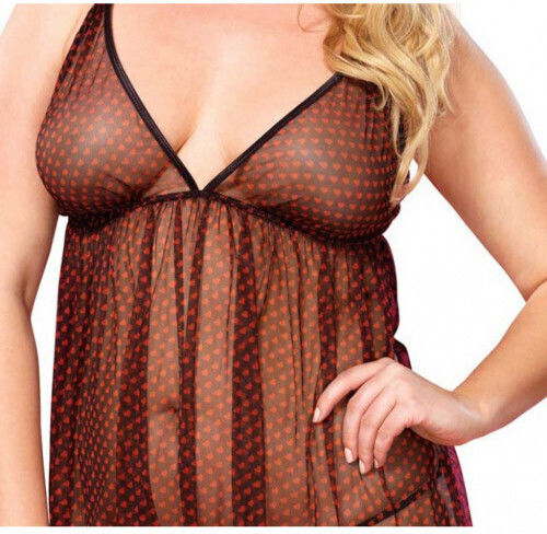 Leg Avenue Chemise with Red Hearts Plus Size Plus Size Σετ Sexy Babydoll με Διαφάνεια Black/Red